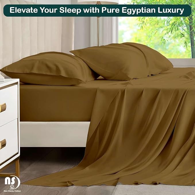 NON Sticky cotton Queen Size Sleeper Sofa Sheets, 4 Piece Egyptian Cotton Bed Sheet Set for Sofa Bed, 6" Deep Pocket Fitted Sheet for Pull Out Couch Mattress, 60" x 75", Taupe Solid, Soft & Breathable