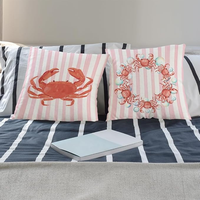 Coastal Red Crab Pillow Covers 18x18 Set of 2, Nautical Coastal Red Crab Bubbles Pink White Striped Throw Pillow Covers for Beach House Home, Preppy Beach Room Decor