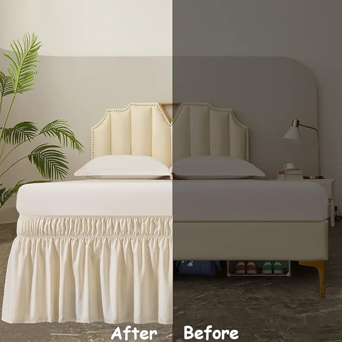 MEILA Wrap Around Bed Skirt Three Fabric Sides Elastic Dust Ruffled 16 Inch Tailored Drop,Easy to Install Fade Resistant-Beige, Queen/King