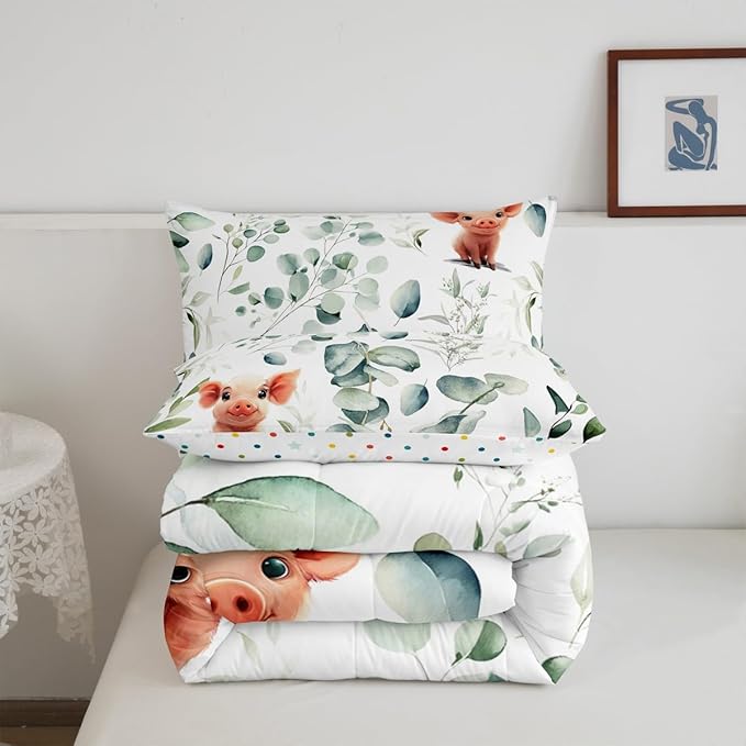 Erosebridal Kawaii Pig Twin Size Comforter Set for Boys Girls Cartoon Animal Bedding Set, Eucalyptus Leaves Down Comforter Farm Wildlife Bed Set, Tropical Botanical Plants Quilted Duvet