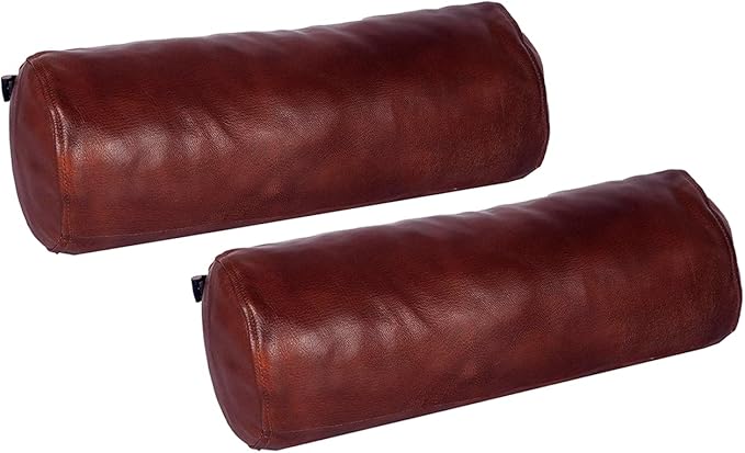 Neck Roll Pillow Cushion Cover, 20x6 Inch Full Moon Round Bolster Pillow Case, Cylinder Soft Lambskin Leather Pillowcase for Head, Spine & Neck Support During Sleep - Tan Pack of 2