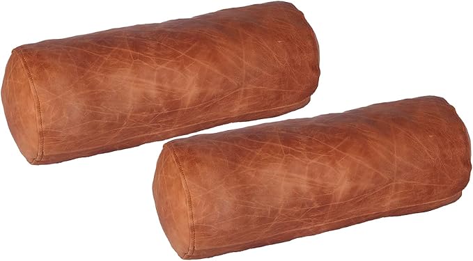 Neck Roll Pillow Cushion Cover, 16x6 Inch Full Moon Round Bolster Pillow Case, Cylinder Soft Lambskin Leather Pillowcase for Head, Spine & Neck Support During Sleep - Beige Artical Pack of 2