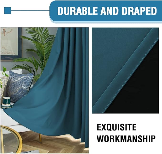 H.VERSAILTEX 100% Blackout Curtains for Bedroom Thermal Insulated Blackout Curtains 96 inch Length Heat and Full Light Blocking Curtains for Living Room with Black Liner 2 Panels Set, Dark Teal