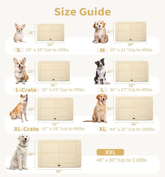 Made4Pets Dog Crate Pad Bed for Large Dogs, Washable & Reversible, Anti-Slip Kennel Mat for Cozy Sleeping, Soft Fluffy Dog Bed for Indoor & Outdoor Use, 36"x27", Beige