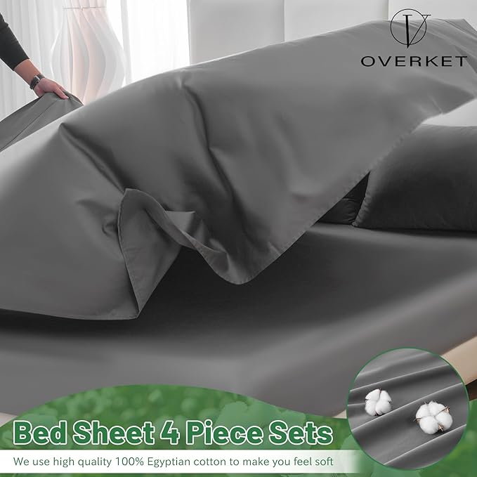 1000 Thread Count Egyptian Cotton Sheets Queen Size Set 4PCS Sateen Weave Soft Breathable 16-Inch Deep Pocket（Queen,Dark Grey）