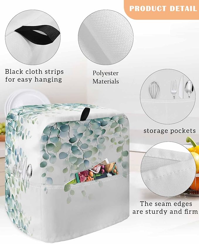 Eucalyptus Leaves Stand Mixer Dust Cover with Storage Pocket & Handles, Fits All Tilt Head & Bowl Lift Spring Botanical Vines Kitchen Appliance Cover Organizer Watercolor Bag Accessories, 6-8 Quart