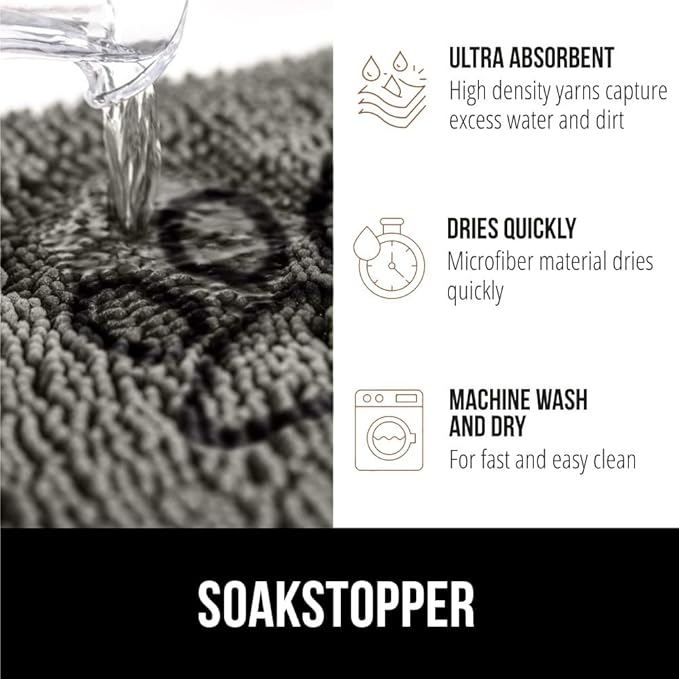 GORILLA GRIP SOAKSTOPPER Dog Door Mat, 36x24 Machine Washable Rug Absorbent Doormat Captures Moisture Mud Dirt, Quick Dry Soft Chenille Entryway Rugs Indoor Entrance Mats for Dog Paws, Paw Gray