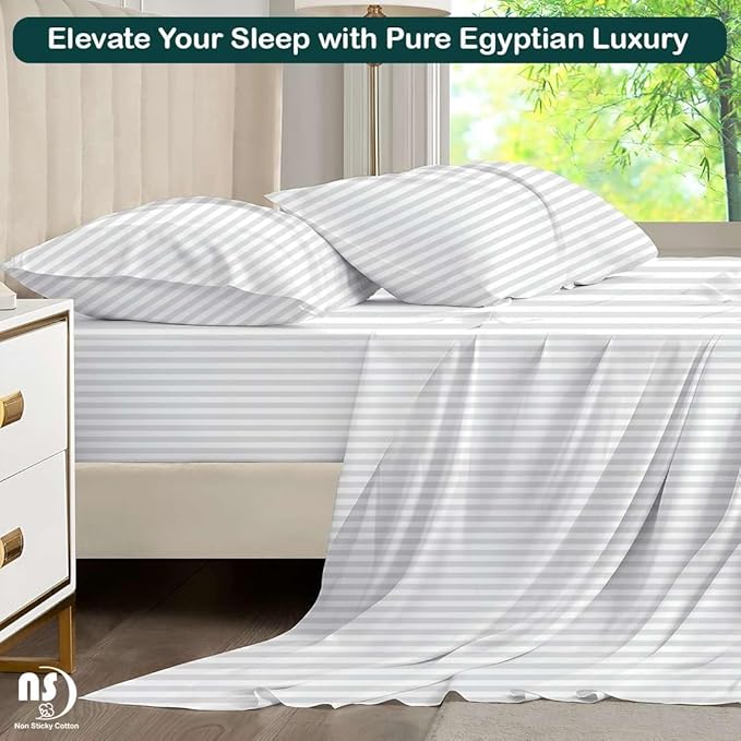 NON Sticky cotton Twin Size Sleeper Sofa Sheets, 4 Piece Egyptian Cotton Bed Sheet Set for Sofa Bed, 8" Deep Pocket for Pull Out Couch Mattress, 39" x 75", White Stripe, Soft & Breathable