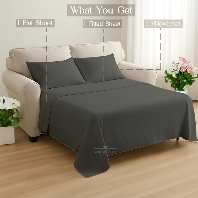 Sleeper Sofa 4 Piece Bed Sheet Set Premium Quality 100% Cotton 500 Thread Count, Smooth & Super Soft Sateen Weave, Extra Soft Bed Sheets, Wrinkle Free, 6 Inch Deep Pocket (Twin, Dark Grey)