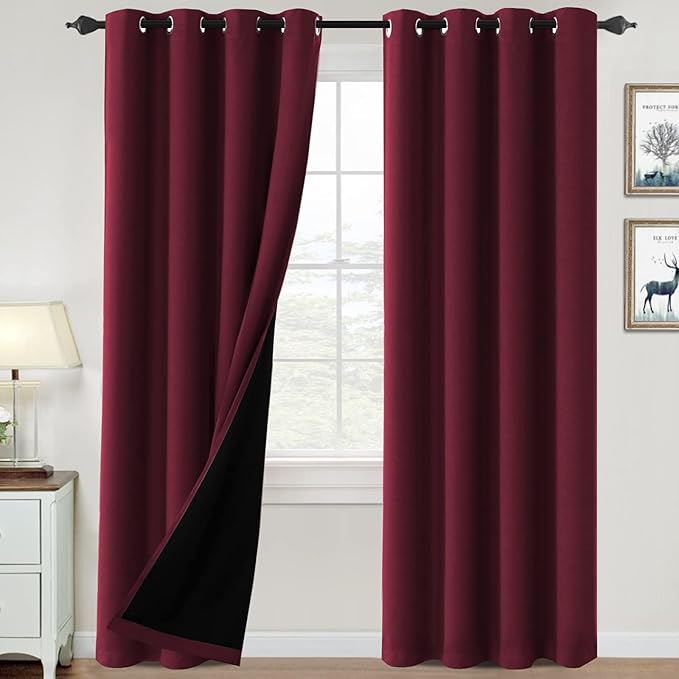 H.VERSAILTEX 100% Blackout Curtains for Bedroom Thermal Insulated Blackout Curtains 108 inch Length Full Light Blocking Curtains for Living Room with Black Liner 2 Panels Set, Burgundy