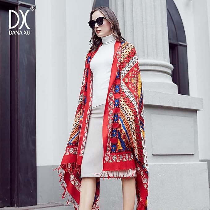 DANA XU 100% Merino Wool Pashmina Shawl for Women 96"x43", Oversized Cashmere Wrap with Tassels, Floral Travel Blanket Cape