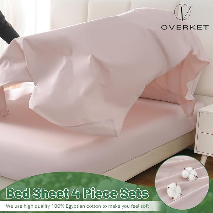 100% Egyptian Cotton Sheets King Size 4PCS 1000 Thread Count Sateen Weave Soft Breathable 16-Inch Deep Pocket （King,Light Pink）