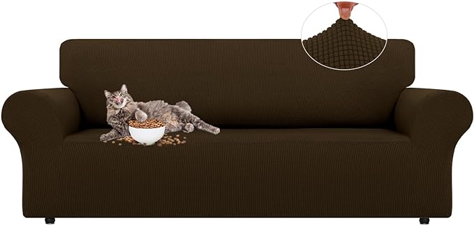 LURKA Stretch Sofa Slipcovers 1 Piece Couch Covers for 3 Cushion Couch Sofa Furniture Protector Full Sofa Covers with Elastic Bottom for Kids and Dog (Brown, Large)