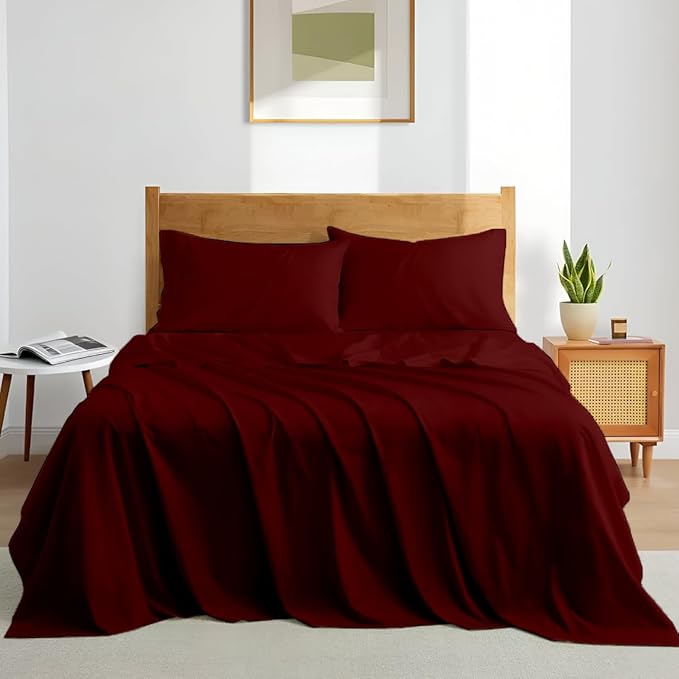 Olympic Queen Sheet Set – 100% Egyptian Cotton, 338 Thread Count – 4-Piece Luxury Super Queen Sheets – Soft & Breathable – 16” Deep Pocket Fitted Sheet, 1 Flat Sheet, 2 Pillowcases (Burgundy Solid)