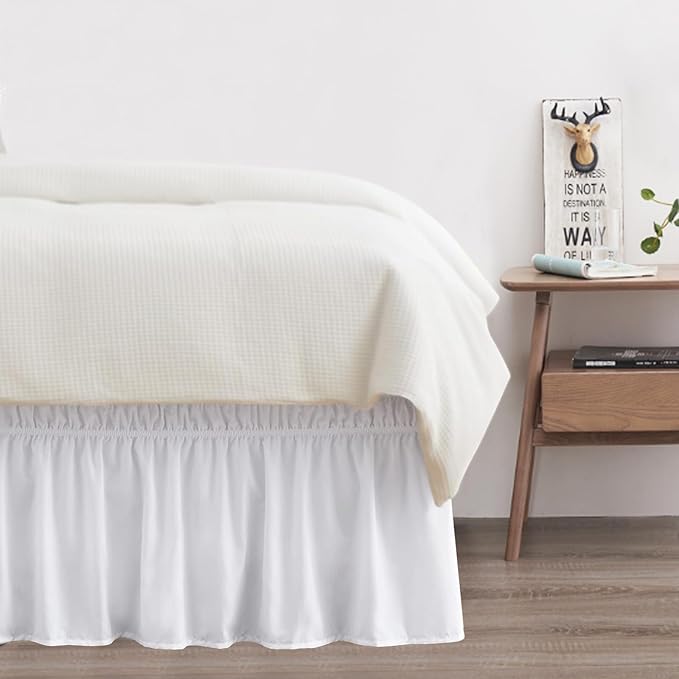 Queen Bed Skirt, Elastic Wrap Around Bed Skirt Queen Size, Bed Skirts for Adjustable Bed, Easy Fit with 14" Drop Length Tailored Drop Dust Ruffle (White)