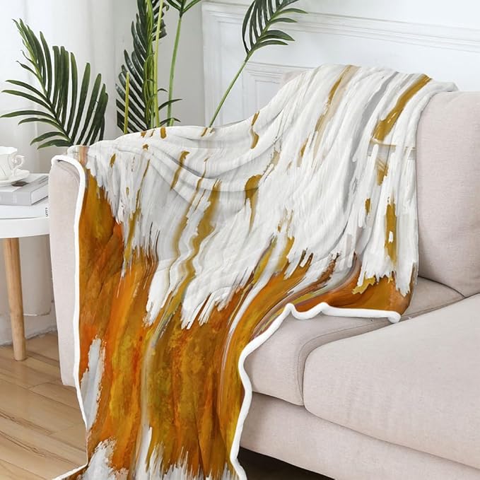 Abstract Ombre Throw Blankets, Modren Chic Art Oil Painting Cozy Warm Bed Couch Blanket, Yellow Gold White Fleece Flannel Throws to Decorate The Room and Bedroom