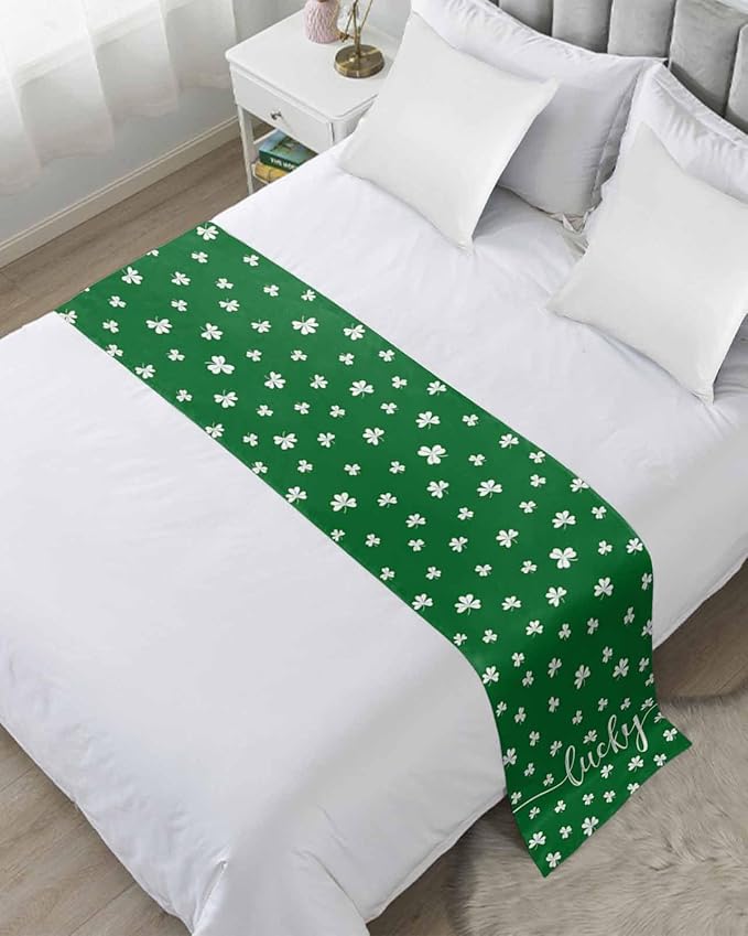 St Patrick's Day Lucky Leaves Bed Runners for Bedroom Hotel,Decorative Bedding Scarf White Shamrock on Green Bed End Blanket Bedding Runner Scarves for King Size Bed,102x20in