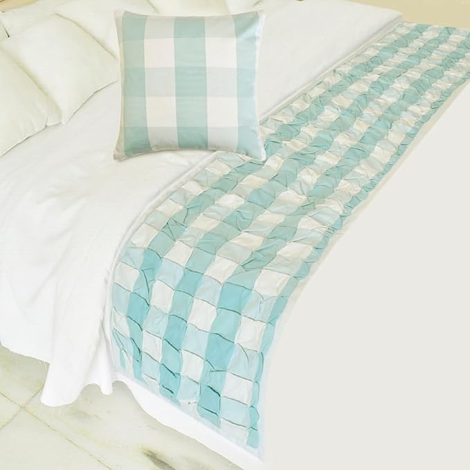 The HomeCentric King/Queen/Twin Aqua Decorative Bed Runner Twin 53"x18" Bed Runner with Two Pillow Cover, Checkered, Buffalo Plaid, Check Bed Scarf on Cotton Fabric - Aqua Plaid Knots