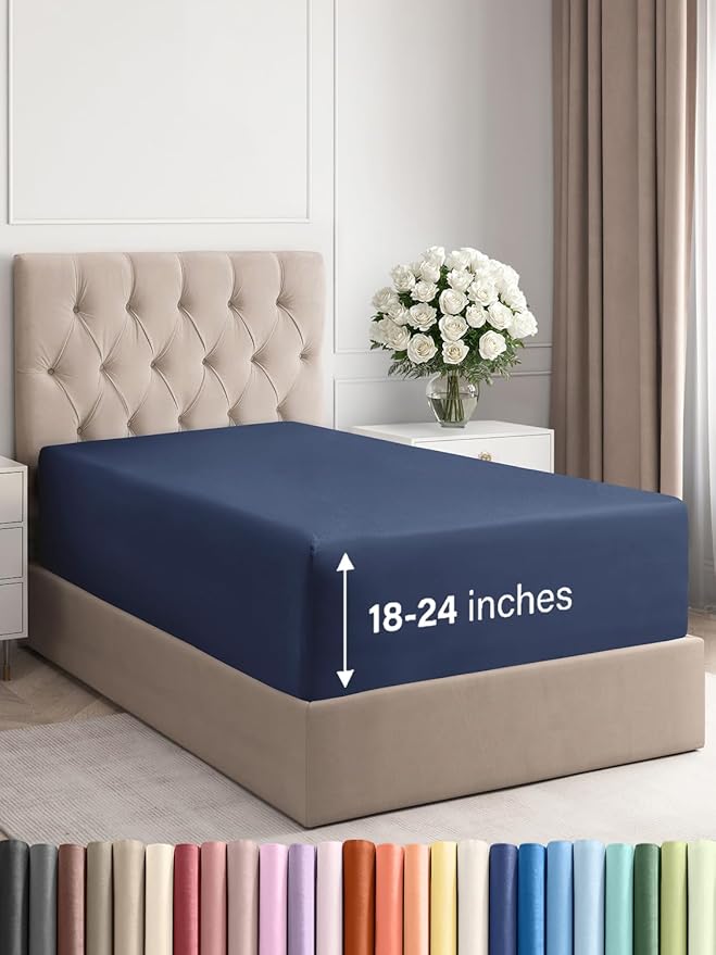 Extra Deep Twin XL Fitted Sheet - Hotel Luxury Single Fitted Sheet Only - Easily Fits 18 inch to 24 inch Mattress - Ultra Soft, Wrinkle Free with Extra Deep Pockets - Breathable & Comfy - Navy Blue