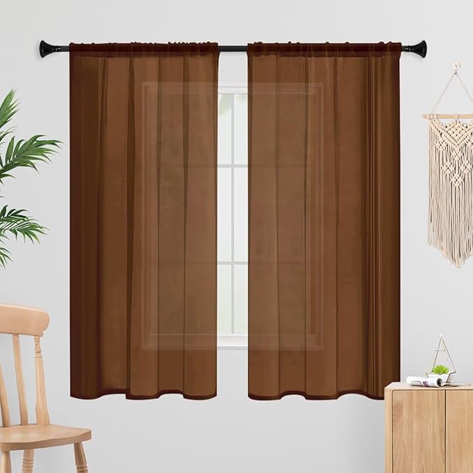 Sheer Curtains 45 Inches Long 2 Panels, Rod Pocket Short Curtain for Kitchen, Bedroom, Cafe Window(Brown 38" W x 45" L)
