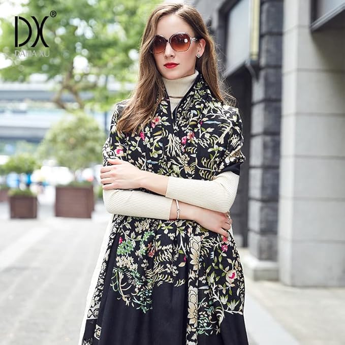 DANA XU 100% Merino Wool Extra Large Pashmina Blanket Travel Scarf Cashmere Wrap for Women Fall Winter Oversize Shawl Floral