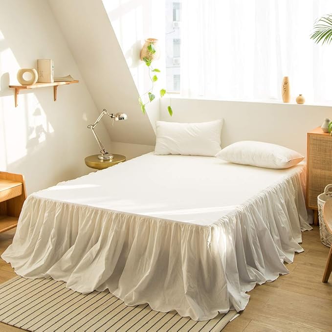 Simple&Opulence Belgian Linen Bed Skirt with Classic 14 inch Tailored Drop Dust Ruffle, Easy Fit Breathable Premium Natural Flax- Pleated White, King