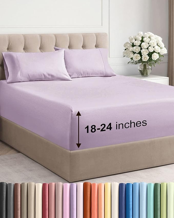 Extra Deep Pocket King Sheets - 4 Piece Breathable & Cooling Bed Sheets - Hotel Luxury Sheet Set - Soft, Wrinkle Free & Comfy - Easily Fits Extra Deep Mattresses - Deep Pocket Light Lavender Sheets