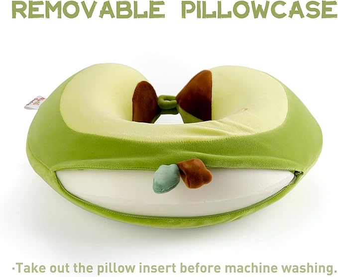 Niuniu Daddy Neck Pillow for Kids Teen Toddlers, Travel Accessories for Airplane, Car, Recline, Neck Chin Head Support, 100% Pure Memory Foam Insert, Cute Plush Travel Pillow Cover Washable - Avocado