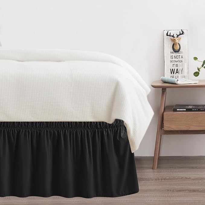Full Bed Skirt, Elastic Wrap Around Bed Skirt Full Size, Bed Skirts for Adjustable Bed, Easy Fit with 14" Drop Length Tailored Drop Dust Ruffle (Black)