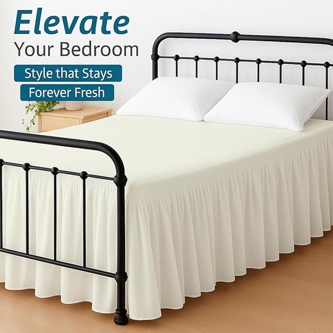 Shreem Linen Ruffled Bed Skirt with Split Corners, Gathered Style, 100% Microfiber, 21-Inch Drop, Dust Ruffle Bedskirt with Platform, Cal-King, Ivory