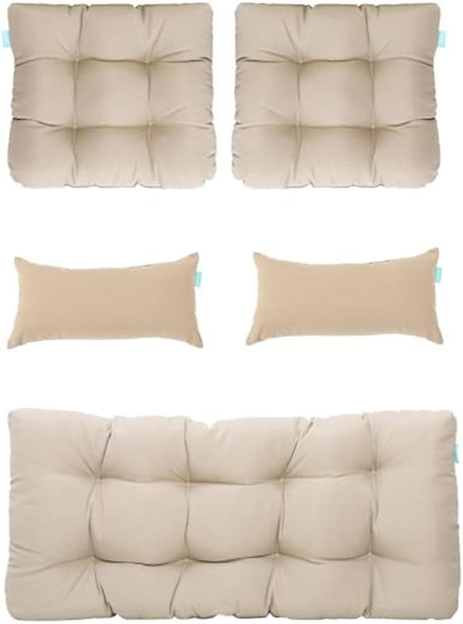 QILLOWAY Outdoor Patio Wicker Seat Cushions Group Loveseat/Two U-Shape/Two Lumbar Pillows for Patio Furniture,Wicker Loveseat,Bench,Porch,Settee of 5 (Beige/Sand/Camel)