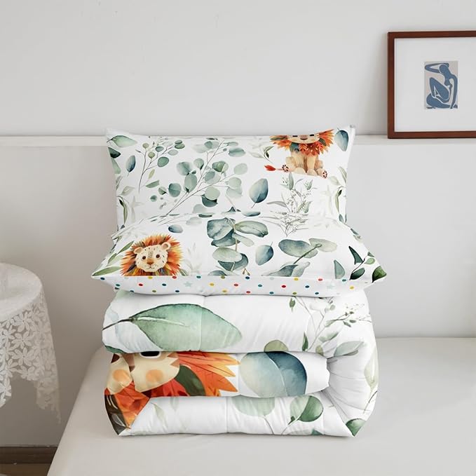 Erosebridal Cute Lion Queen Bedding Sets for Kids Child Green Eucalyptus Comforter Set, Woodland Animal Down Comforter Botanical Plant Leaves Bedding Comforter Sets, Cartoon Wildlife Duvet Insert