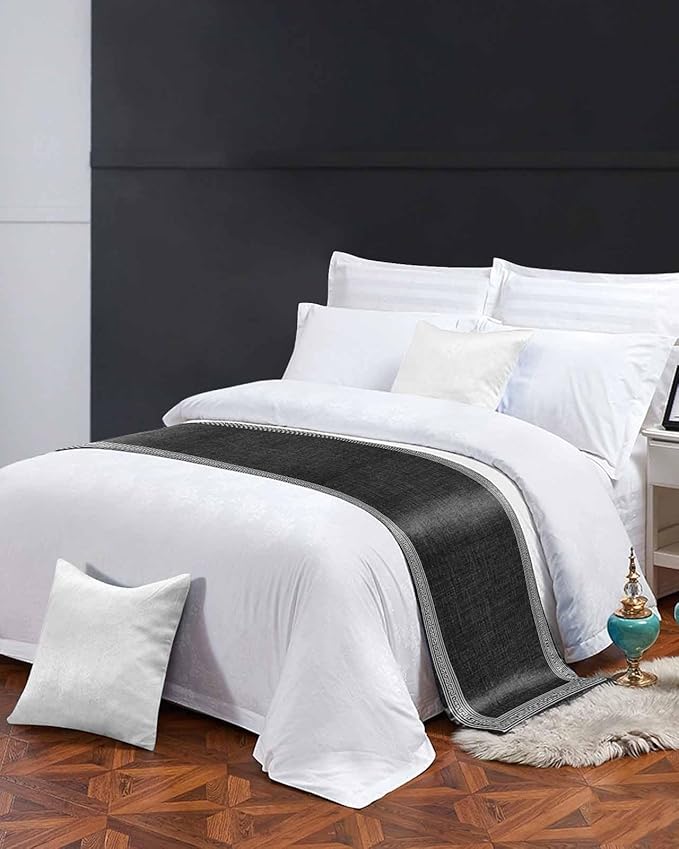 Greece Key Design Black White Bed Runners for Bedroom Hotel,Decorative Bedding Scarf Vintage Burlap Linen Bed End Blanket Bedding Runner Scarves for Queen Size Bed,94x20in