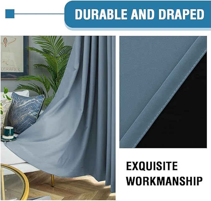 H.VERSAILTEX 100% Blackout Curtains for Bedroom Thermal Insulated Blackout Curtains 54 inch Length Heat and Full Light Blocking Curtains for Living Room with Black Liner 2 Panels Set, Stone Blue