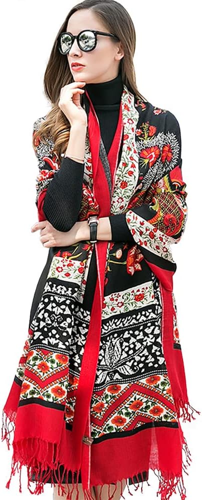 DANA XU 100% Merino Wool Extra Large Pashmina Blanket Travel Scarf Cashmere Wrap for Women Fall Winter Oversize Shawl Floral
