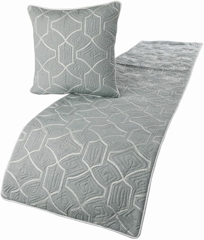 The HomeCentric King Queen Twin Grey Blue Bed Runner with Decorative Throw Pillow Cover, Full Size 68"x18" Bed Runner with Pillow Cover, Linen Quilted Embroidery, Modern Contemporary - Atmosphere