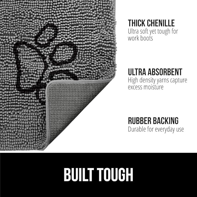GORILLA GRIP SOAKSTOPPER Dog Door Mat, 35x24 Machine Washable Rug Absorbent Doormat Captures Moisture Mud Dirt, Quick Dry Soft Chenille Entryway Rugs Indoor Entrance Mats for Dog Paws, Paw Gray