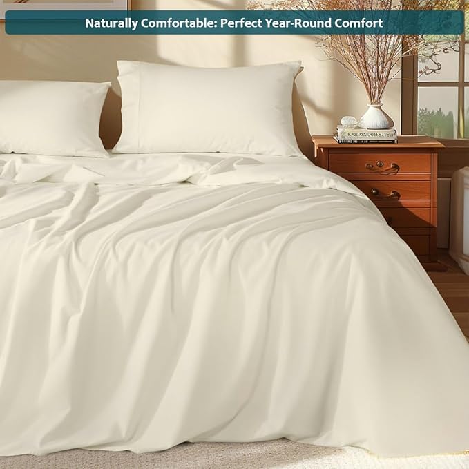 Shreem Linen XL Twin Sheets Set - Luxury 338 Thread Count 100% Egyptian Cotton Sateen, Twin XL Sheet Set with All Around Elastic for a, Hotel Quality Bedding (Ivory Solid)