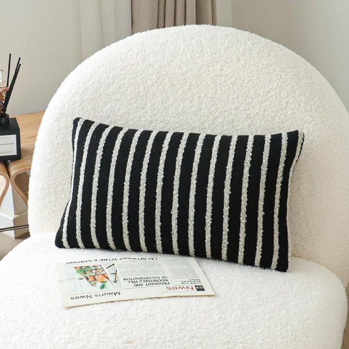 Jonhier Black Striped Lumbar Boho Throw Pillow Cover, Modern Boucle Textured Rectangle Pillowcase for Sofa Couch Bed, Neutral Farmhouse Accent Decorative Cushion Cover for Living Room, 12 x 20 inch