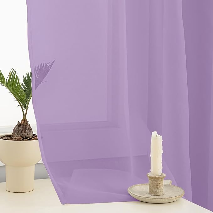 Sheer Curtains 54 Inches Long 2 Panels, Rod Pocket Short Curtain for Kitchen, Bedroom, Cafe Window(Lavender 38" W x 54" L)