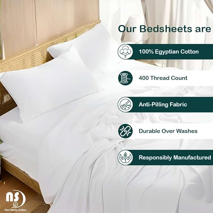 NON Sticky cotton Queen Size Sleeper Sofa Sheets, 4 Piece Egyptian Cotton Bed Sheet Set for Sofa Bed, 8" Deep Pocket for Pull Out Couch Mattress, 60" x 75", White Solid, Soft & Breathable