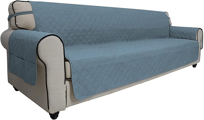 Easy-Going Sofa Slipcover Waterproof Sofa Cover Couch Cover for 4 Cushion Couch with Elastic Straps Washable Non-Slip Furniture Protector Cover for Pets, Dogs, Cat (XX-Large, Light Blue)