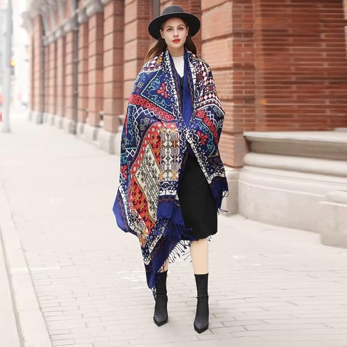 DANA XU 100% Merino Wool Pashmina Shawl for Women 96"x43", Oversized Cashmere Wrap with Tassels, Floral Travel Blanket Cape