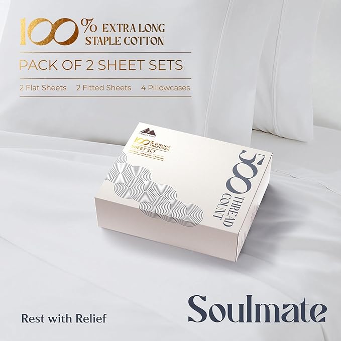 Mayfair Linen 100% Egyptian Cotton 2 Pack Twin Sheet Set - 500 Thread Count Cotton Sheets Twin Size (6 PC, Silver Grey), Extra Soft, Cooling, Sateen Weave, 16" Deep Pocket College Dorm Room Bed Sheet