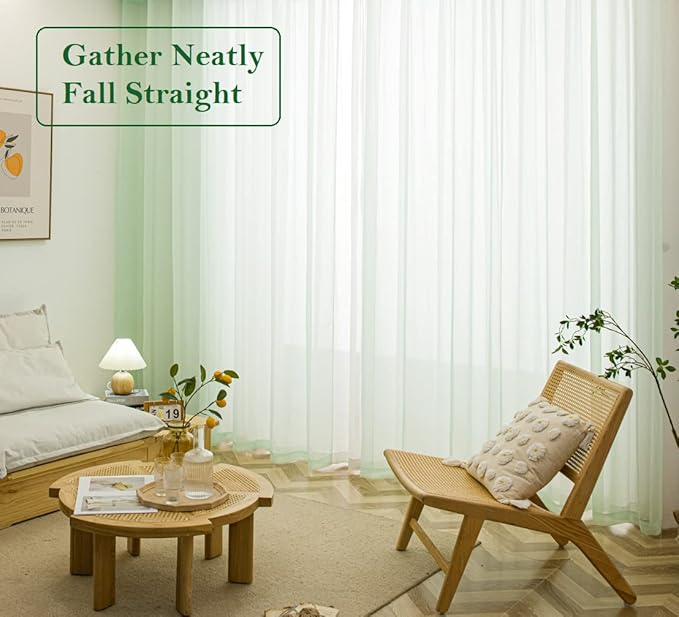 PI Green Sheer Voile Curtains Panels,Ring Top Natural Window Draperies for Outdoor/Yard 2 Panels (W52 X L72, Mint Green)