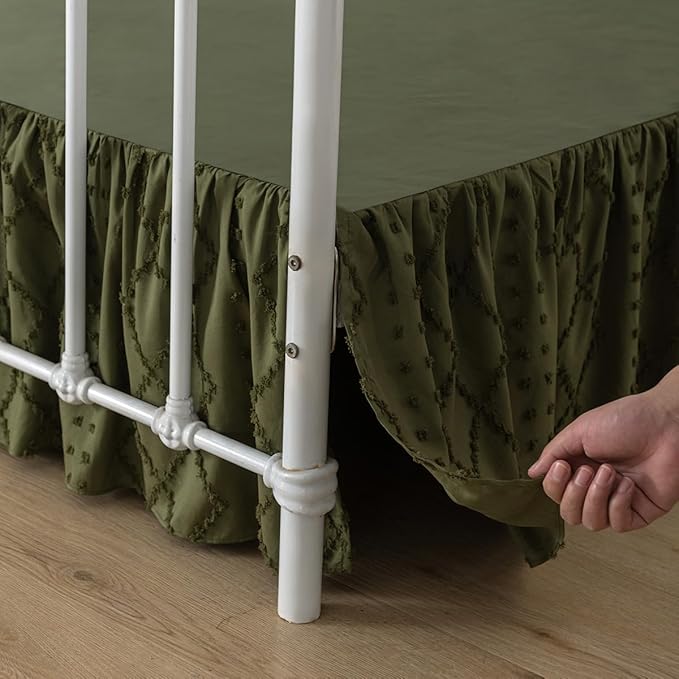 Bed Skirt Full Size Ruffled Bed Skirt with Split Corners, 18 Inch Drop Dust Ruffle Bed Skirts with Platform, Boho Tufted Shabby Chic Full Size Bed Skirts, Olive Green