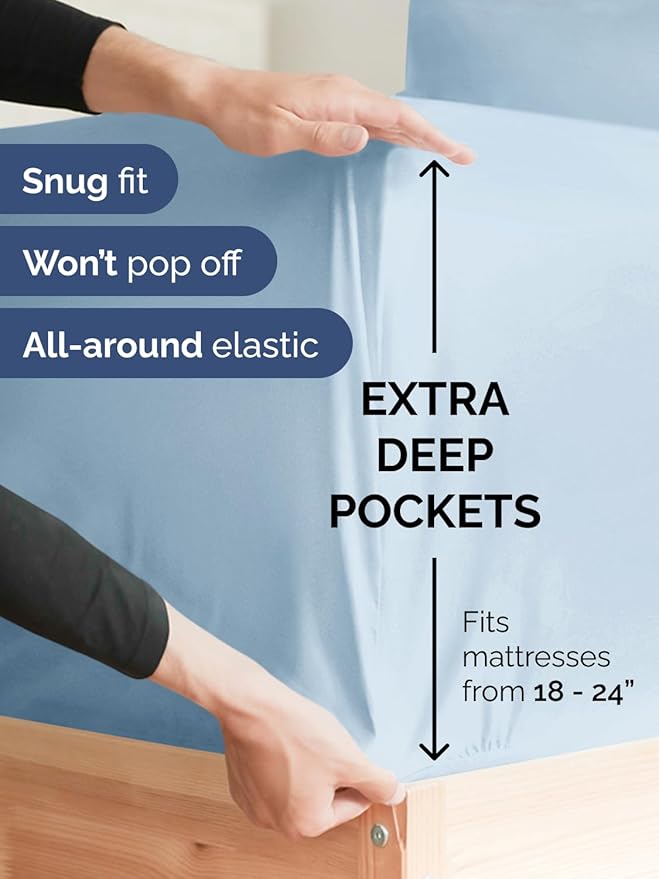 Extra Deep Pocket Full Sheets - 4 Piece Breathable & Cooling Bed Sheets - Hotel Luxury Bed Sheet Set - Soft, Wrinkle Free & Comfy - Easily Fits Extra Deep Mattresses - Deep Pocket Sky Blue Sheets Set