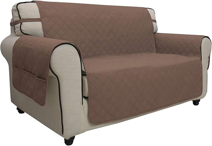 Easy-Going Sofa Slipcover Loveseat Cover Waterproof Couch Cover Washable Sofa Cover for 2 Cushion Couch Non-Slip Fabric Furniture Protector with Pocket for Pets Kids Dog Cat (Loveseat, Brown)