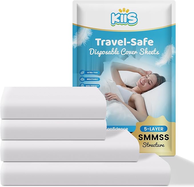 KIIS Travel-Safe Disposable Cover Sheets for Travel, Disposable Bed Sheet, Disposable Duvet/Comforter Cover, Disposable Pillowcases, Perfect for Hotels & Trips (King Size)
