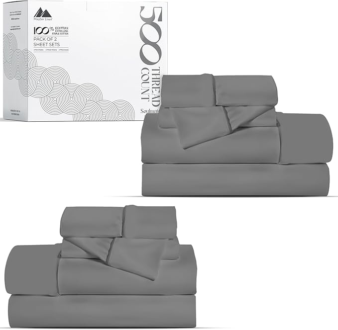 Mayfair Linen 100% Egyptian Cotton 2 Pack King Sheet Set - Luxury 500 Thread Count Cotton Sheets King Size (8 PC, Dark Grey), Soft, Cooling, Sateen Weave, 16" Deep Pocket Hotel Quality Bed Sheet Set